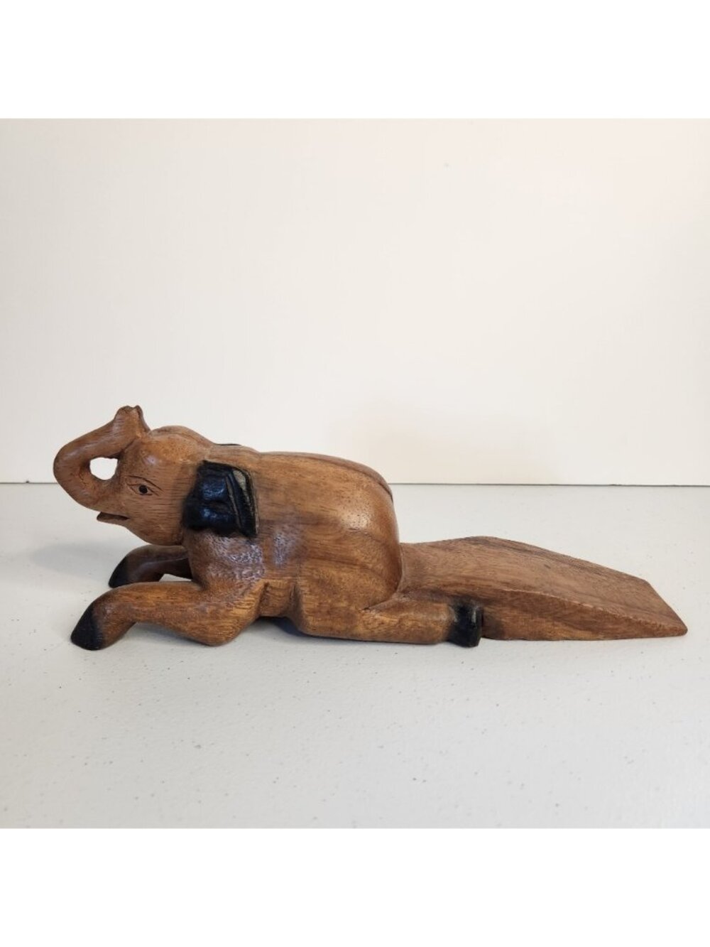 Vintage Wood Elephant Hand Carved Door Wedge Stopper Raised Trunk Up Boho 1970s
